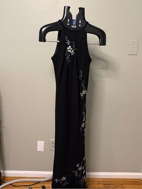 Jones New York Black Halter Maxi Dress with Floral Embellishments